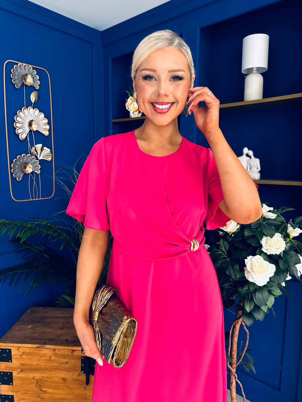 Jessica Gold Clasp Detailed Midi Dress Fuchsia