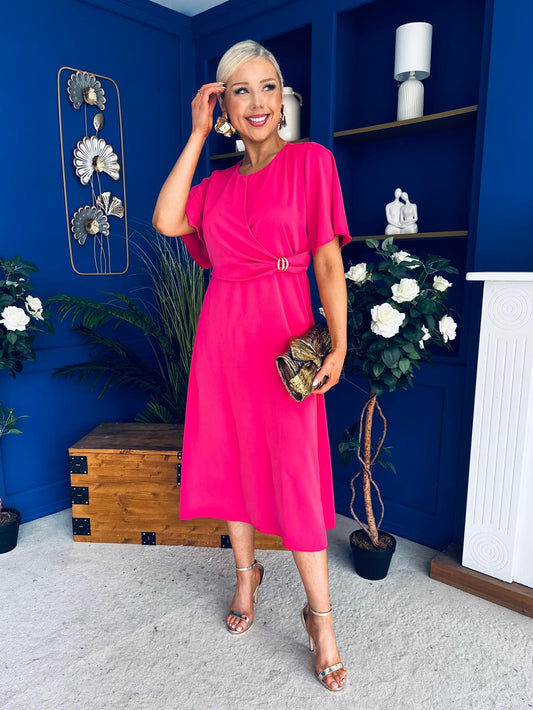 Jessica Gold Clasp Detailed Midi Dress Fuchsia