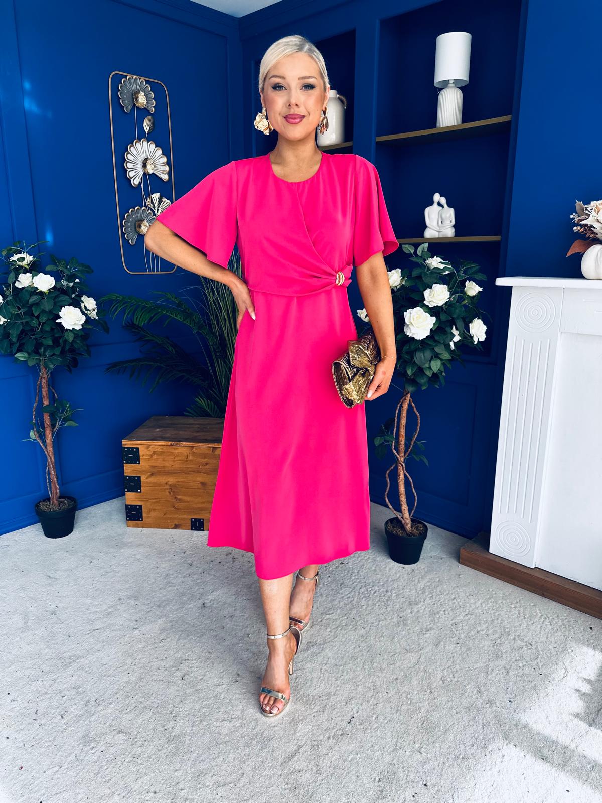 Jessica Gold Clasp Detailed Midi Dress Fuchsia