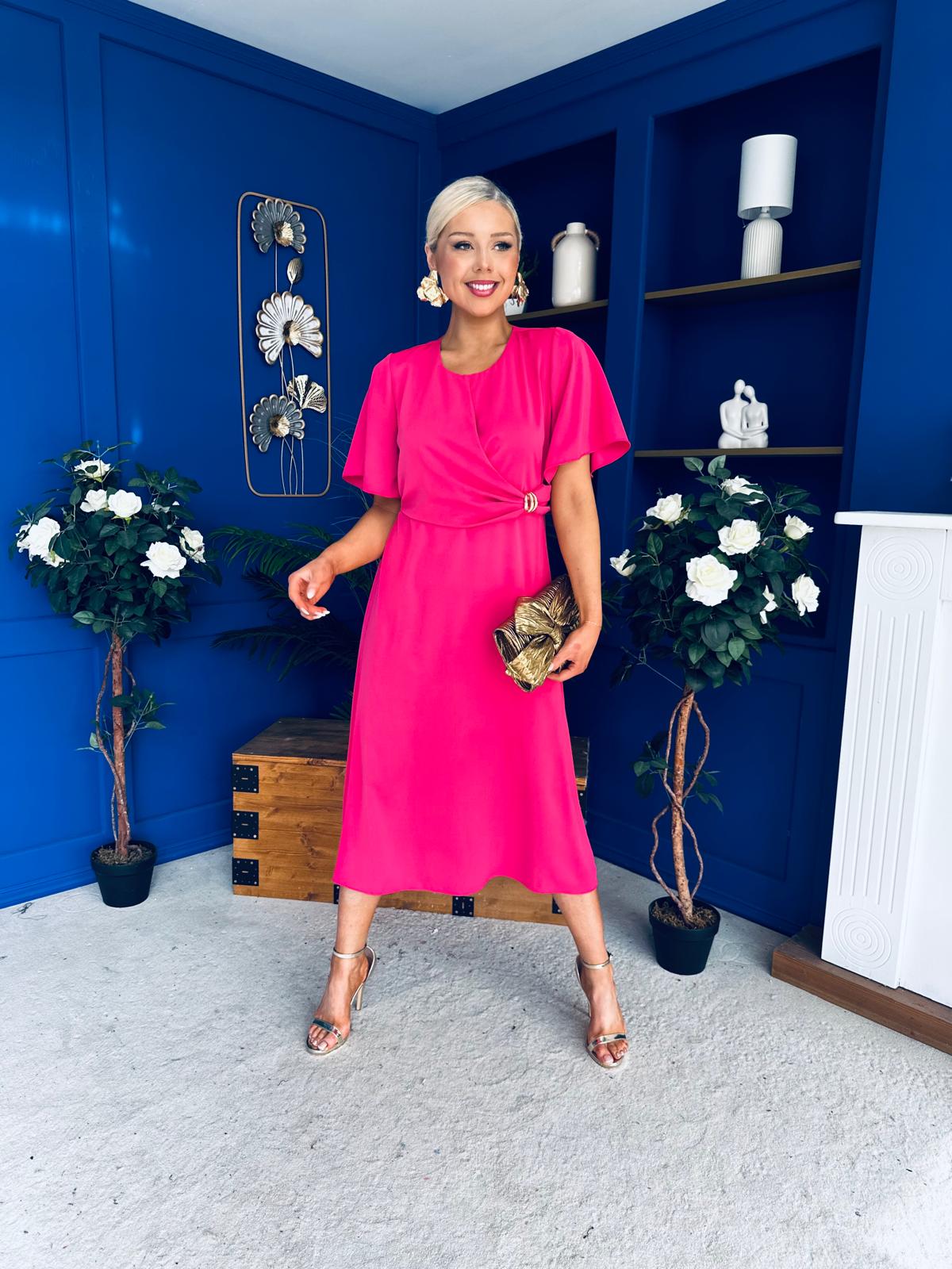 Jessica Gold Clasp Detailed Midi Dress Fuchsia