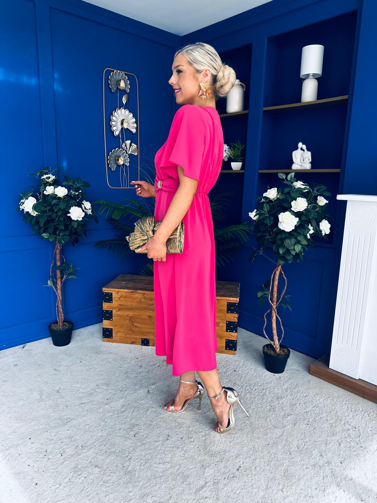 Jessica Gold Clasp Detailed Midi Dress Fuchsia