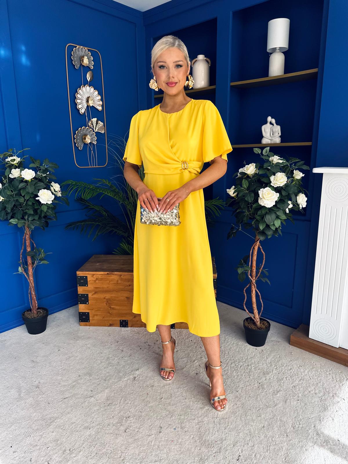 Jessica Gold Clasp Detailed Midi Dress Yellow