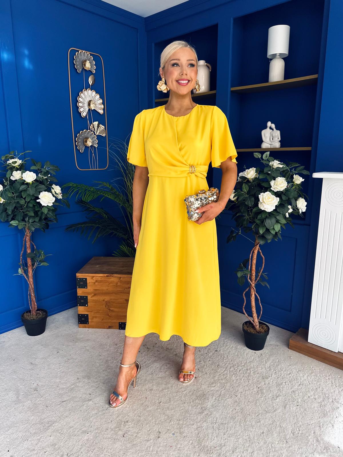 Jessica Gold Clasp Detailed Midi Dress Yellow