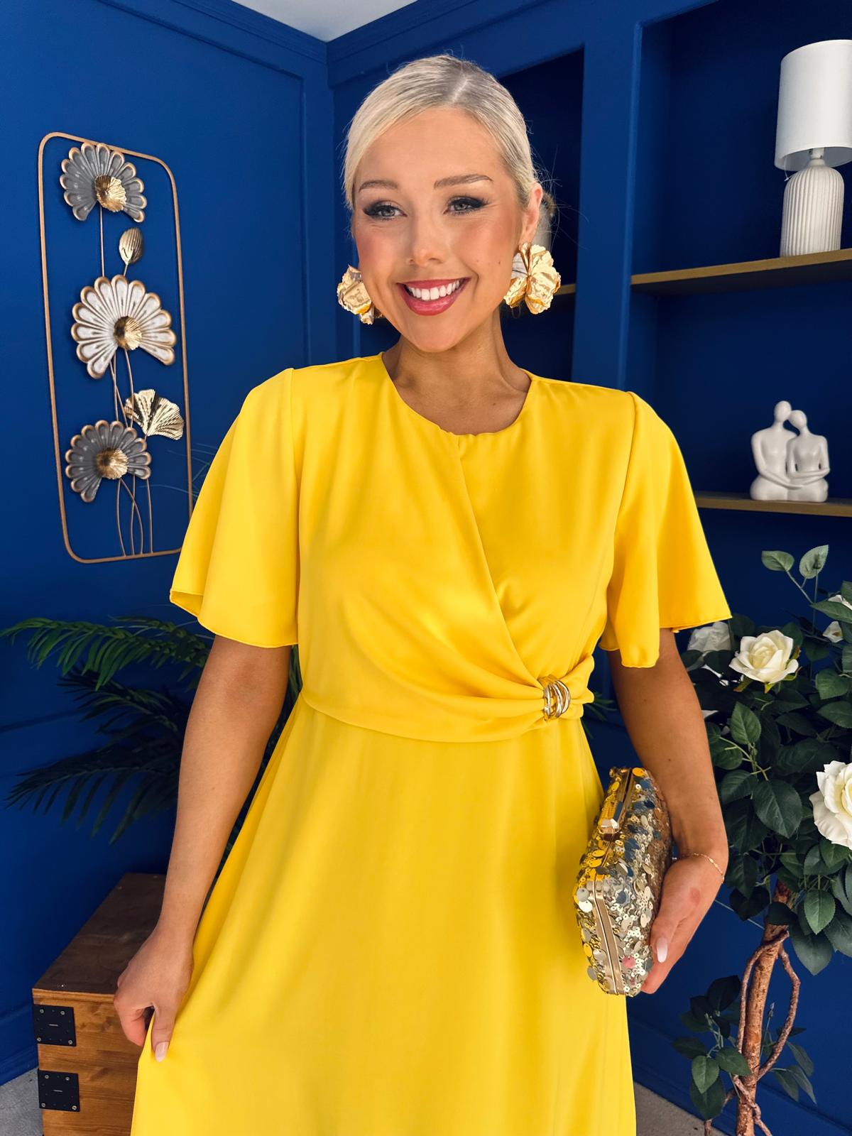 Jessica Gold Clasp Detailed Midi Dress Yellow