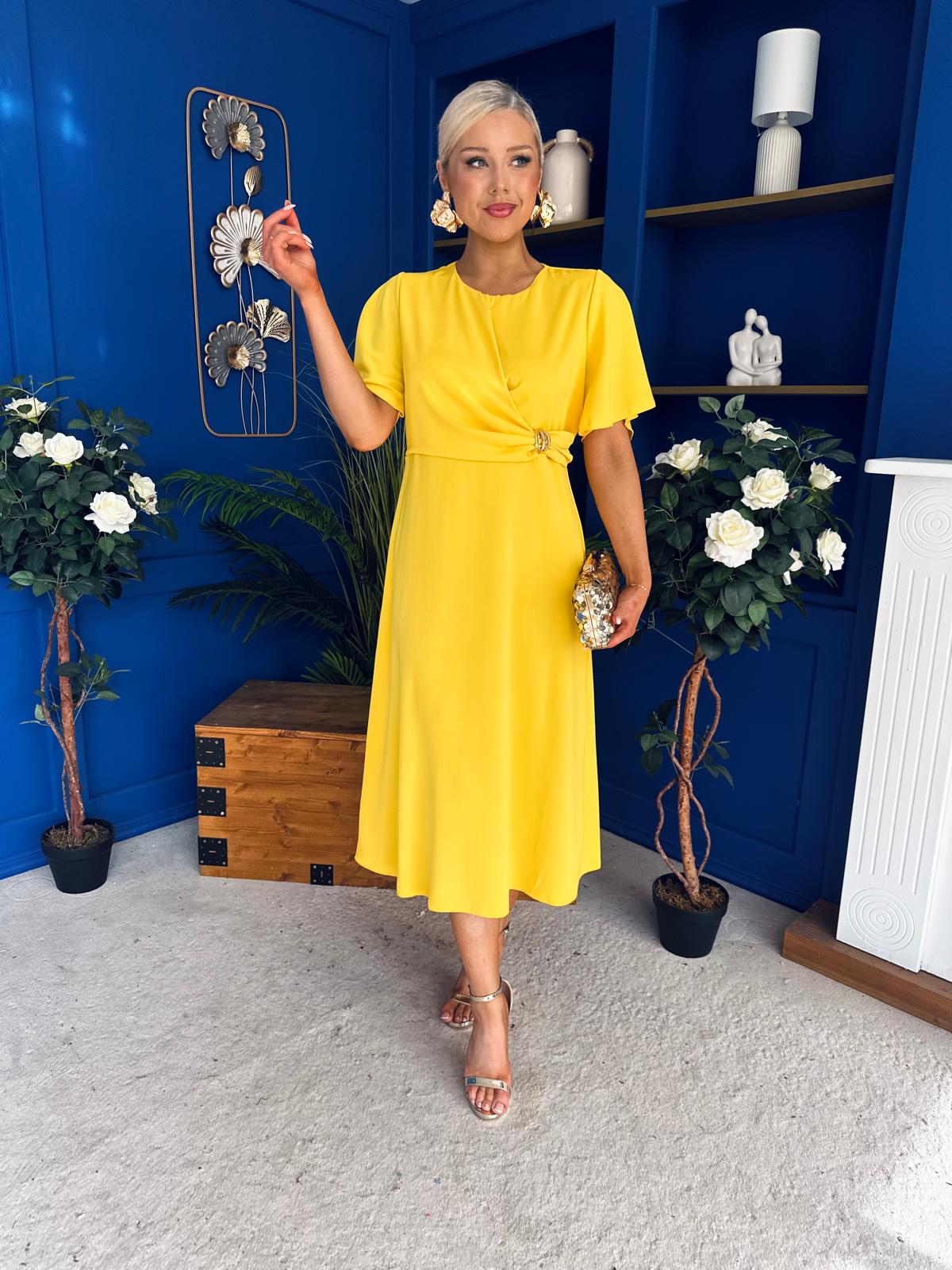 Jessica Gold Clasp Detailed Midi Dress Yellow