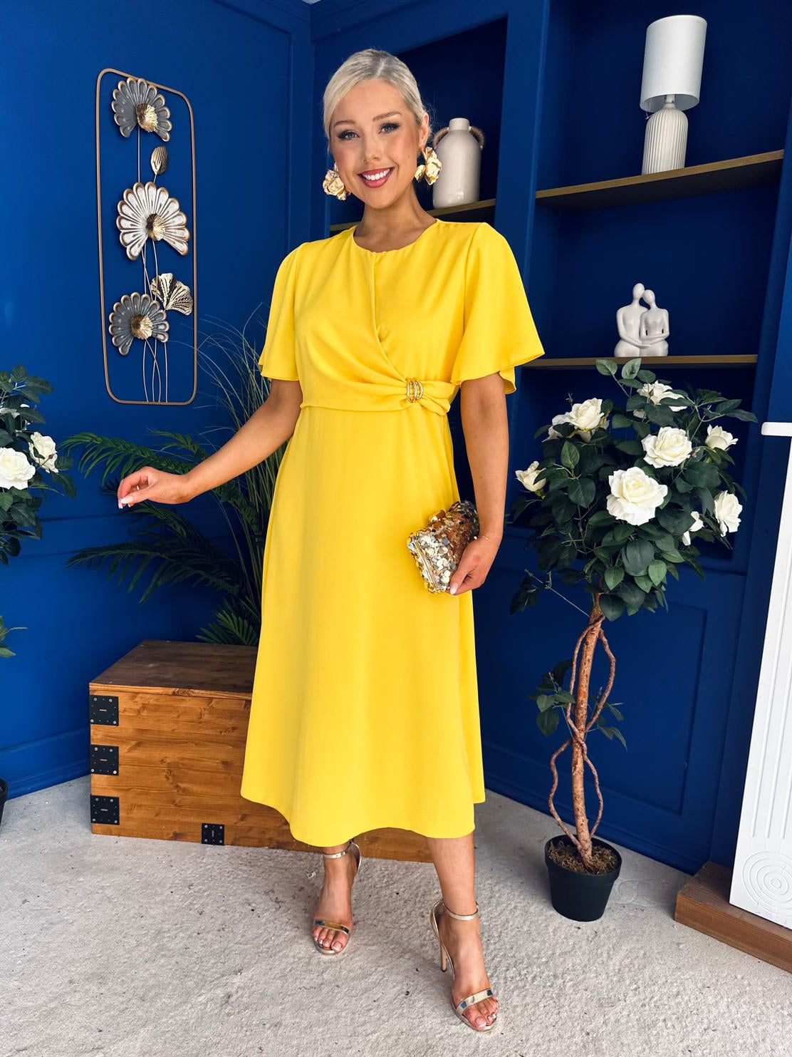 Jessica Gold Clasp Detailed Midi Dress Yellow