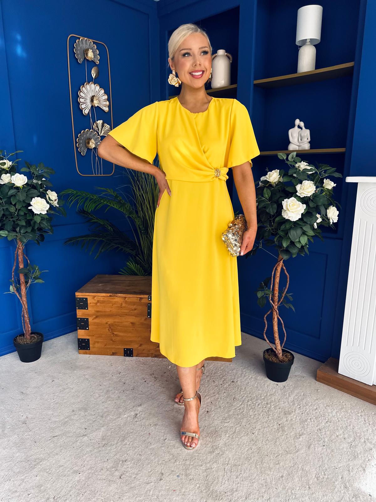 Jessica Gold Clasp Detailed Midi Dress Yellow