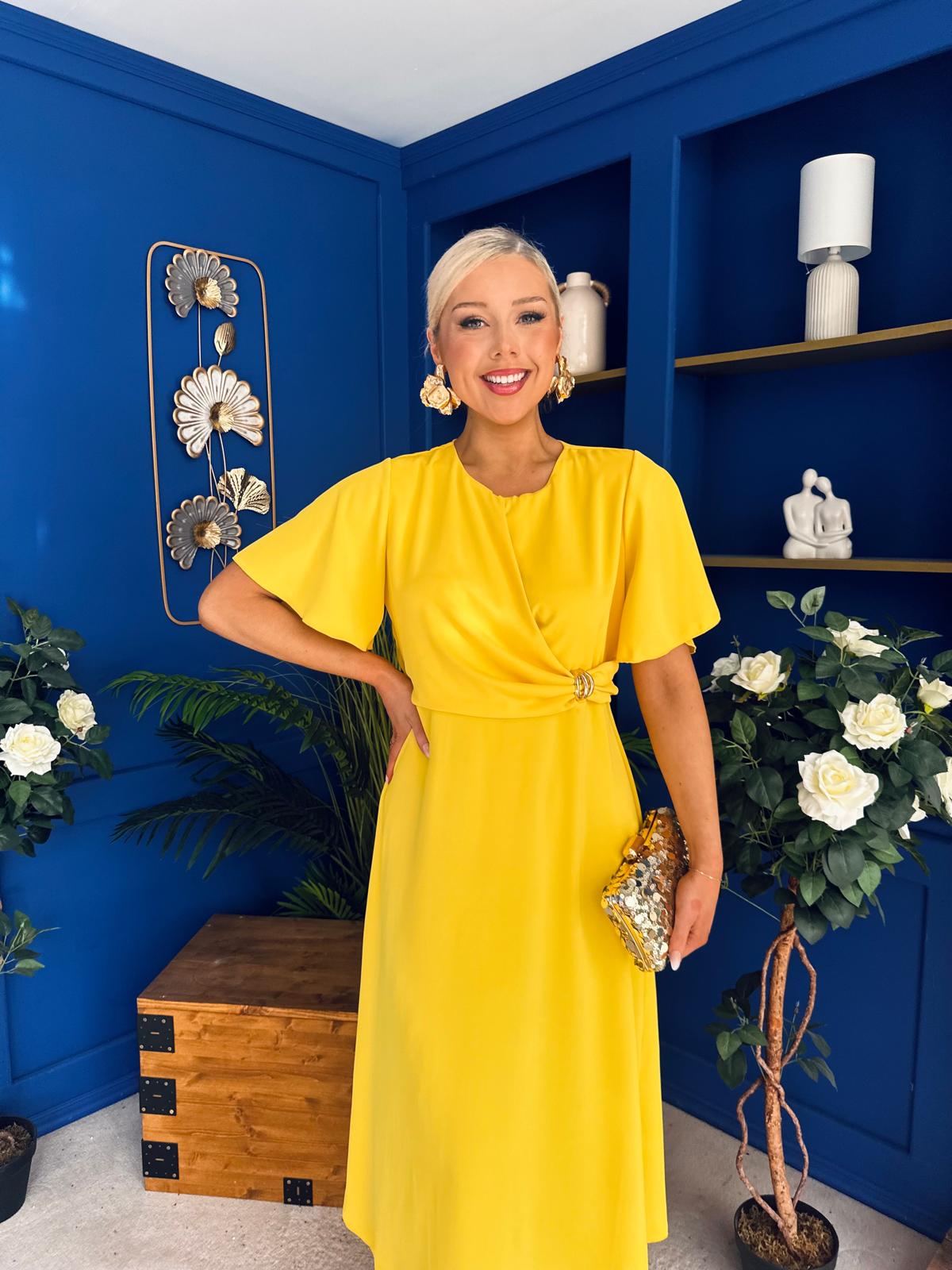 Jessica Gold Clasp Detailed Midi Dress Yellow