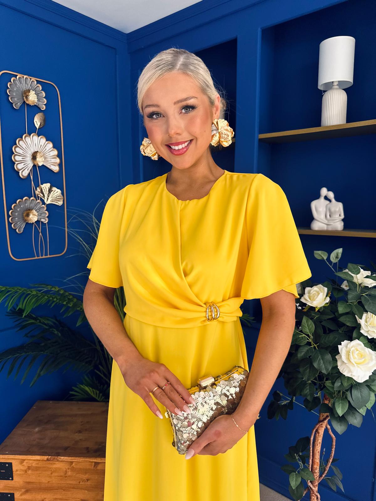 Jessica Gold Clasp Detailed Midi Dress Yellow
