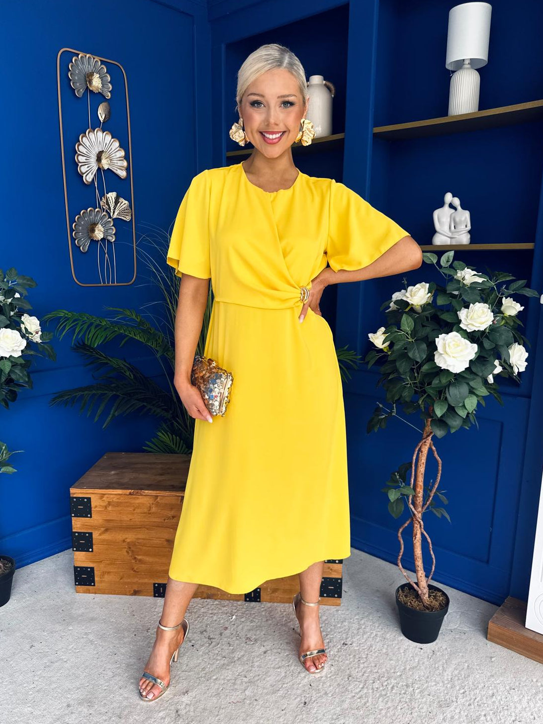 Jessica Gold Clasp Detailed Midi Dress Yellow