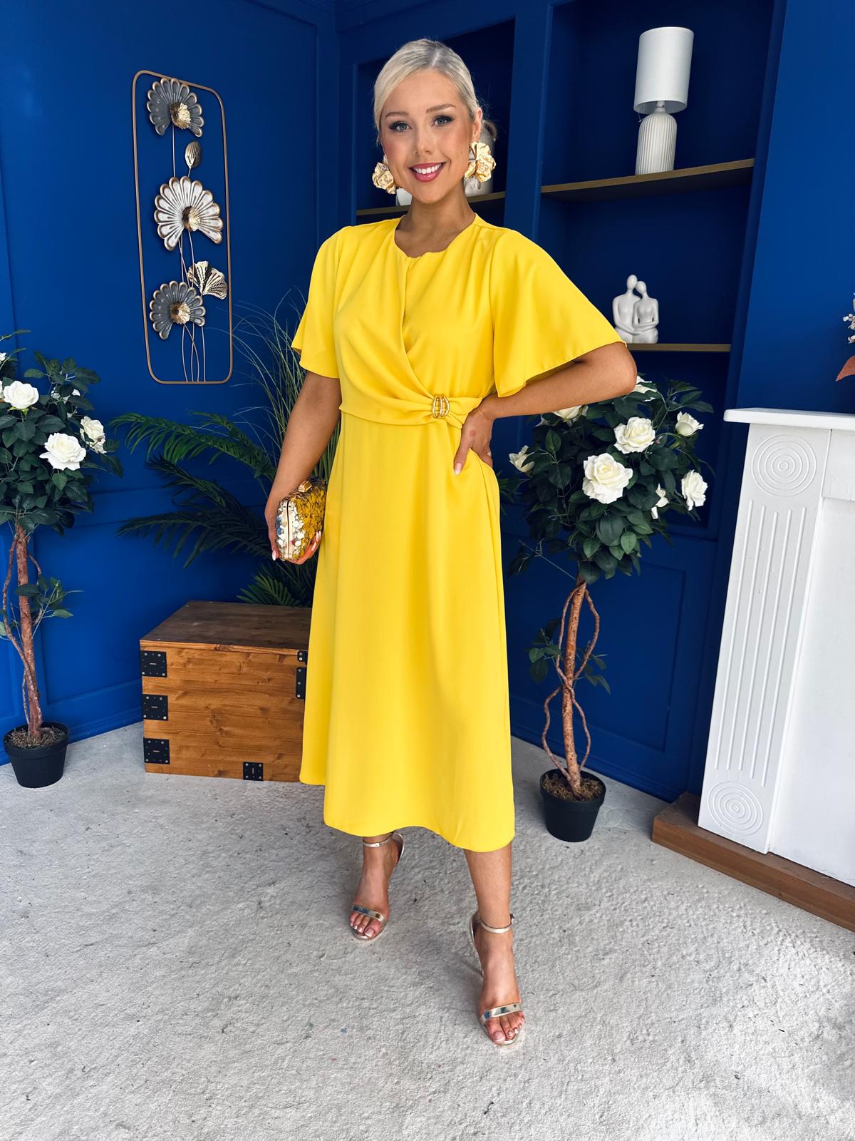 Jessica Gold Clasp Detailed Midi Dress Yellow