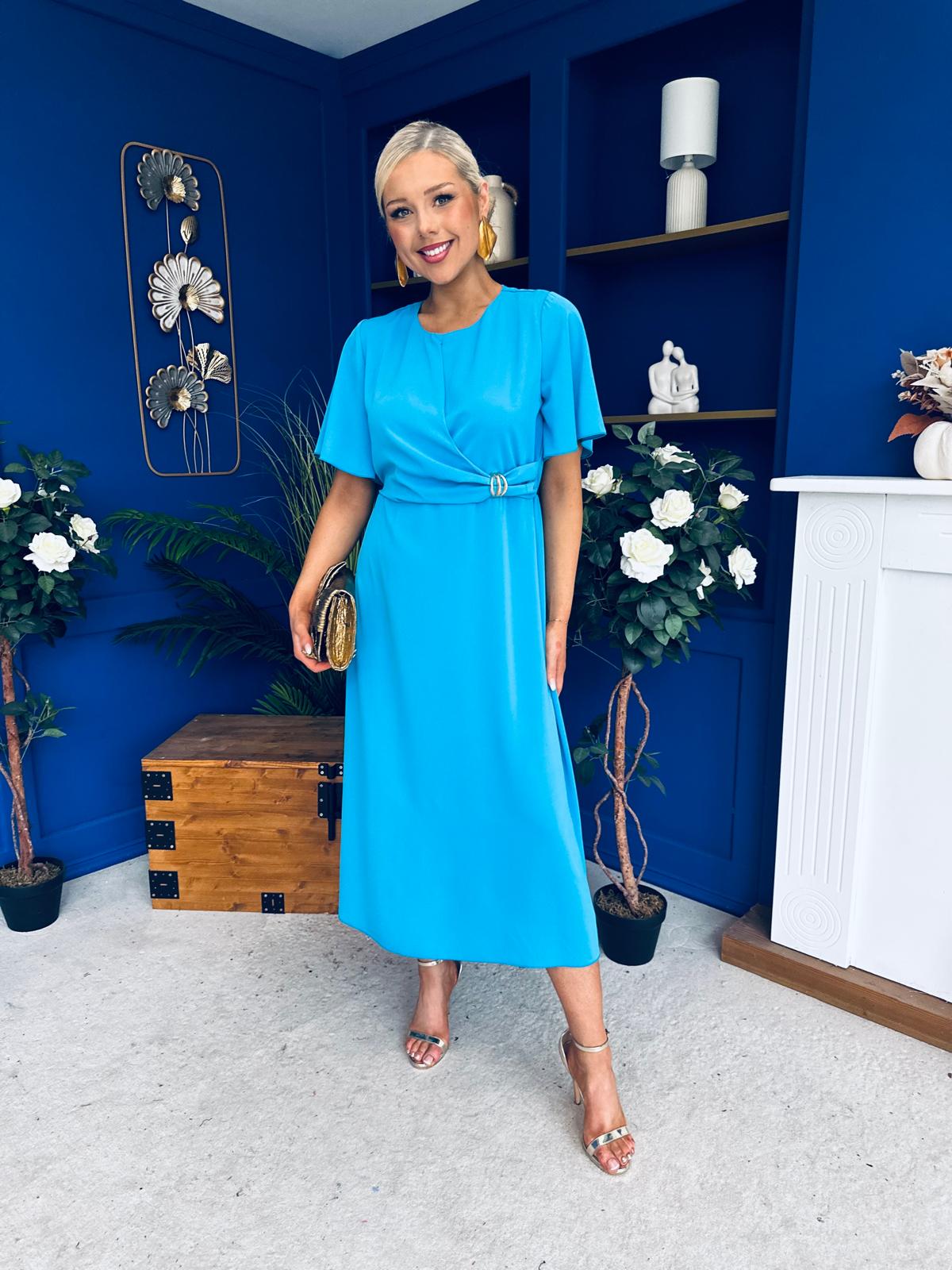 Jessica Gold Clasp Detailed Midi Dress Blue
