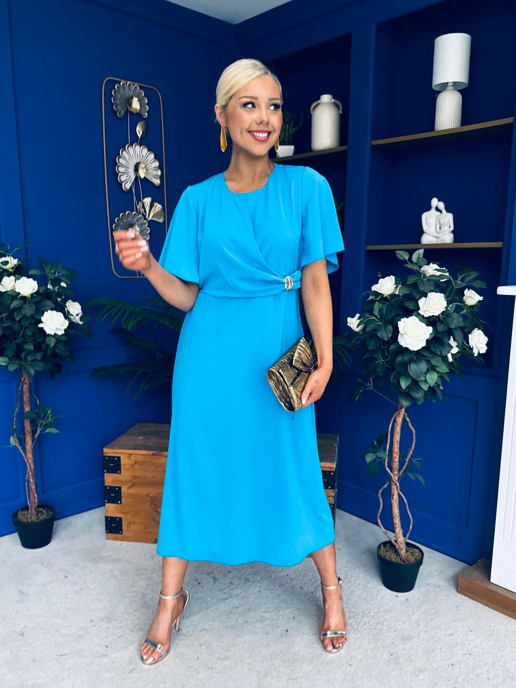 Jessica Gold Clasp Detailed Midi Dress Blue