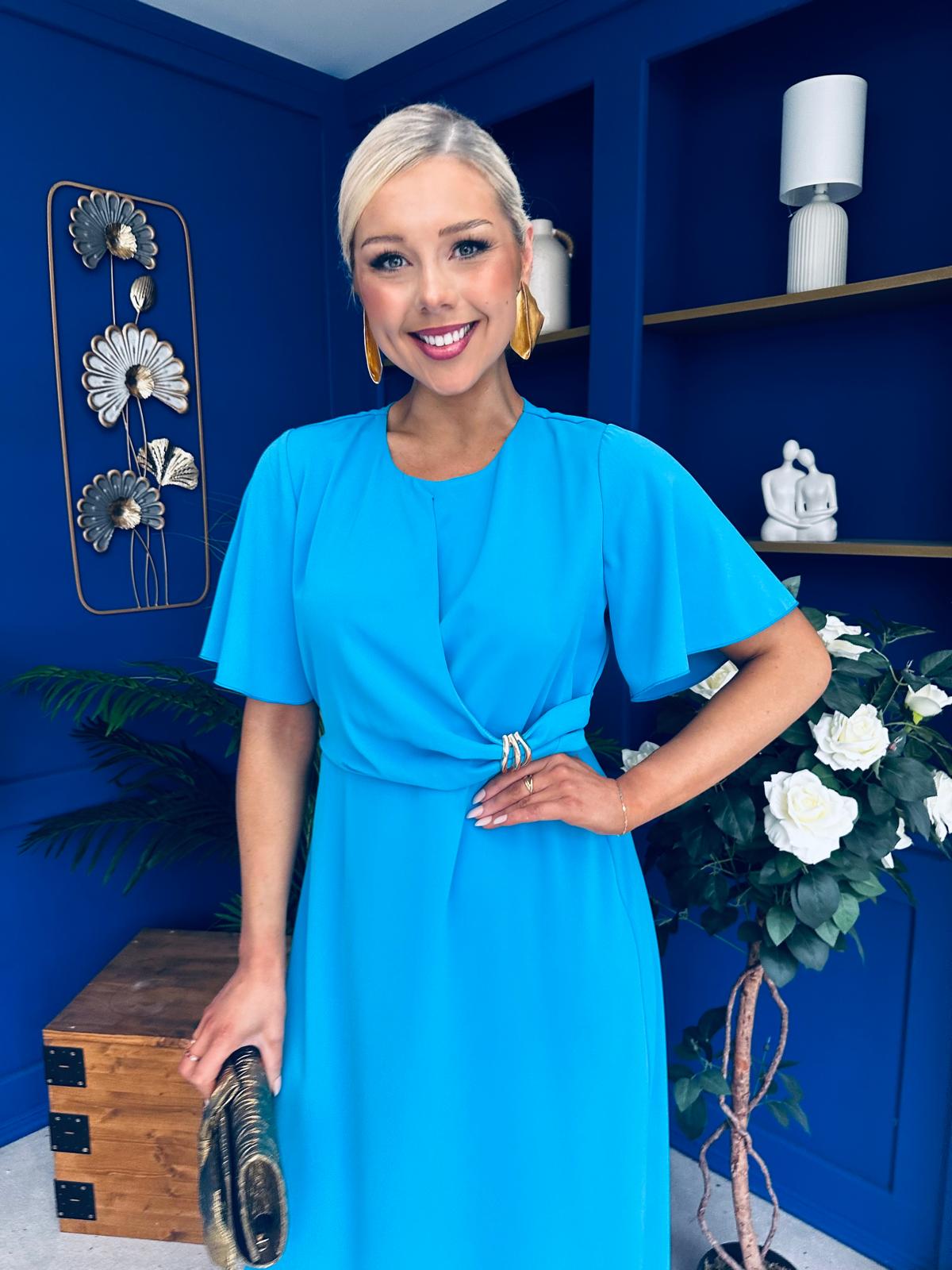 Jessica Gold Clasp Detailed Midi Dress Blue