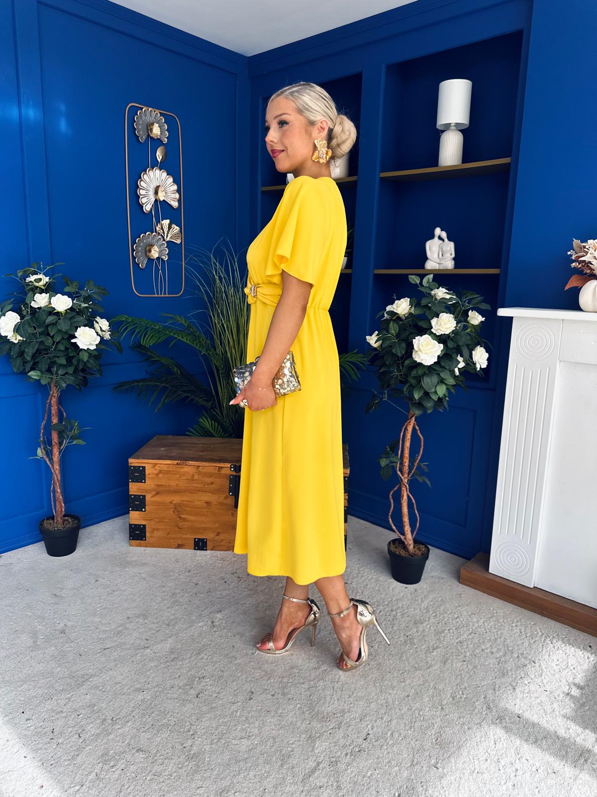 Jessica Gold Clasp Detailed Midi Dress Yellow