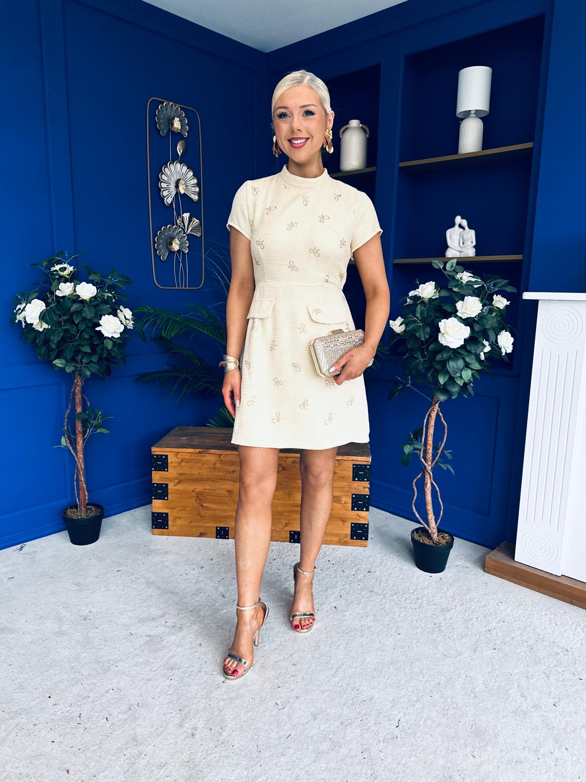 Laureen Gold Bow Embellished Tweed Mini Dress Yellow