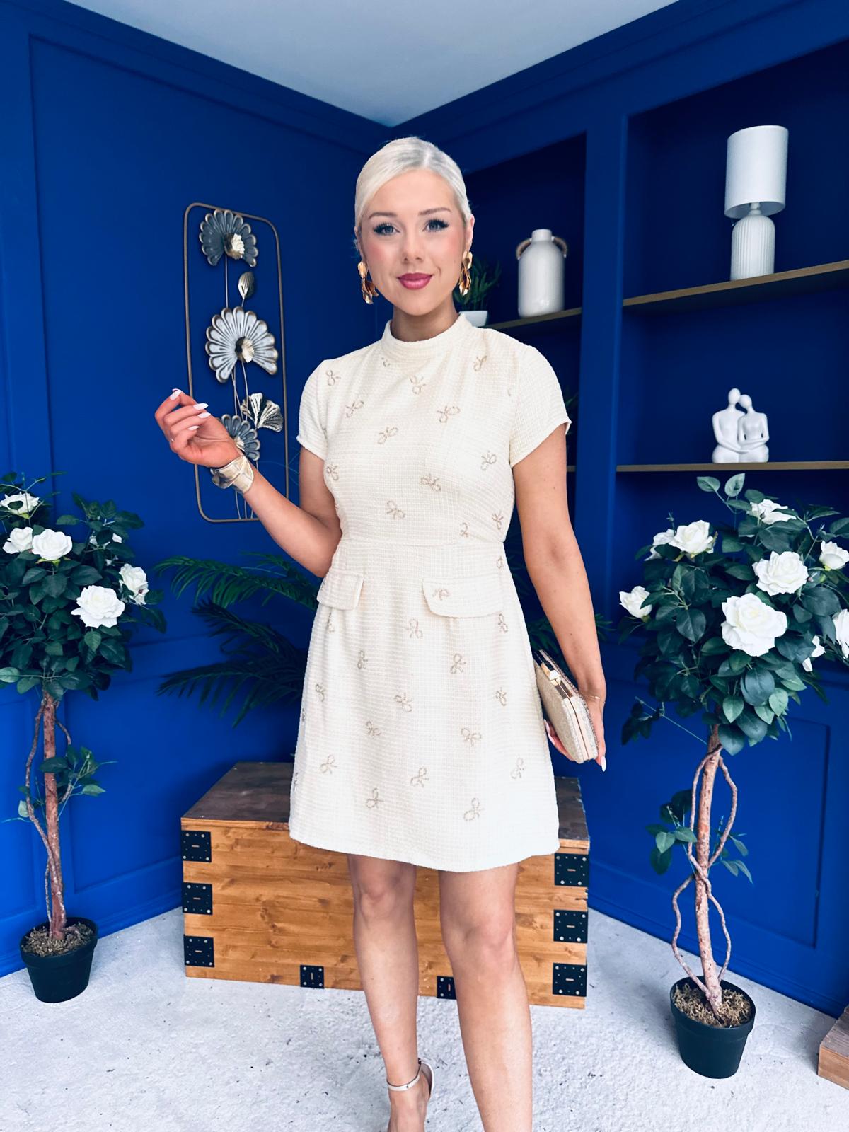 Laureen Gold Bow Embellished Tweed Mini Dress Yellow