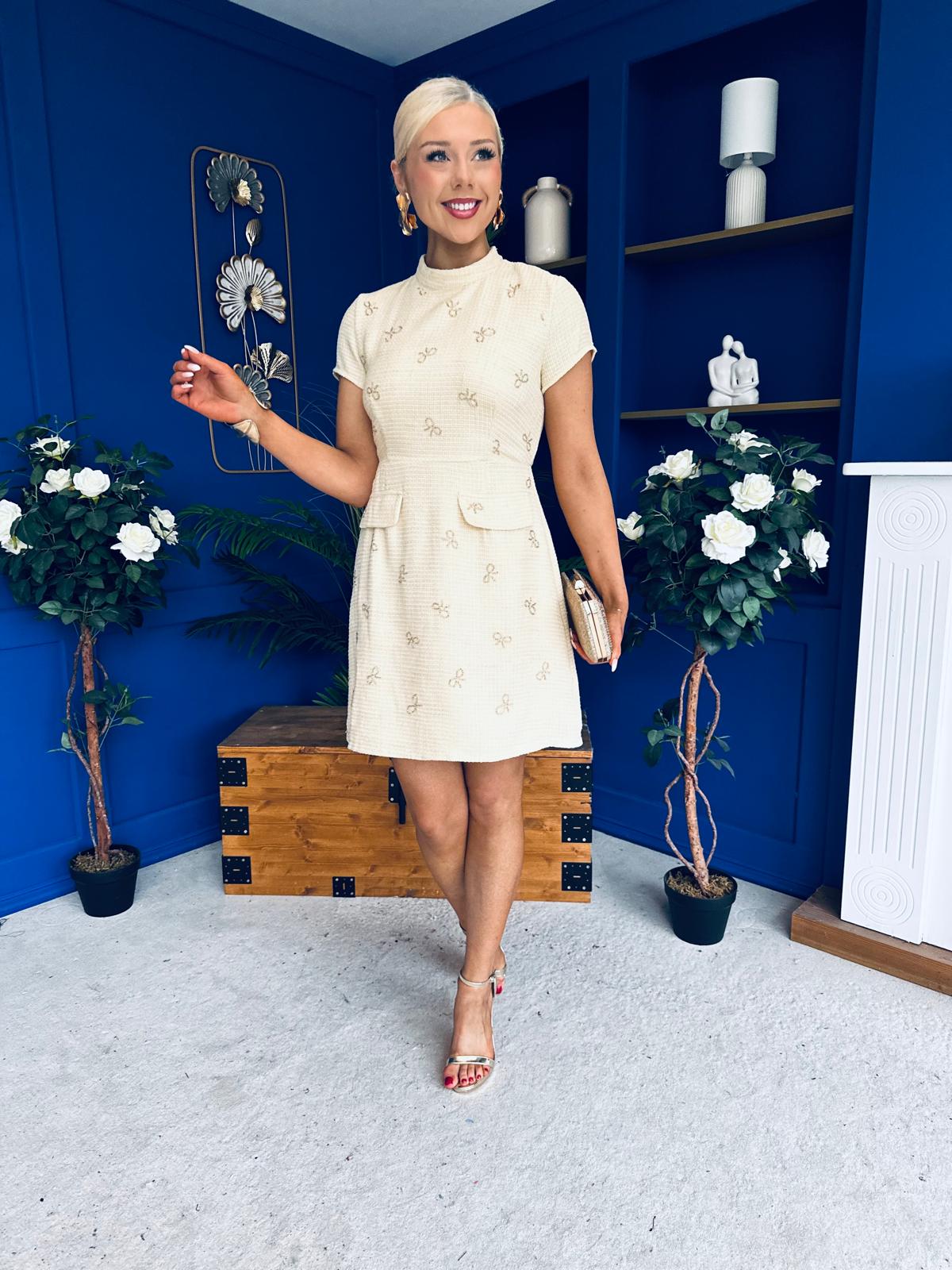 Laureen Gold Bow Embellished Tweed Mini Dress Yellow