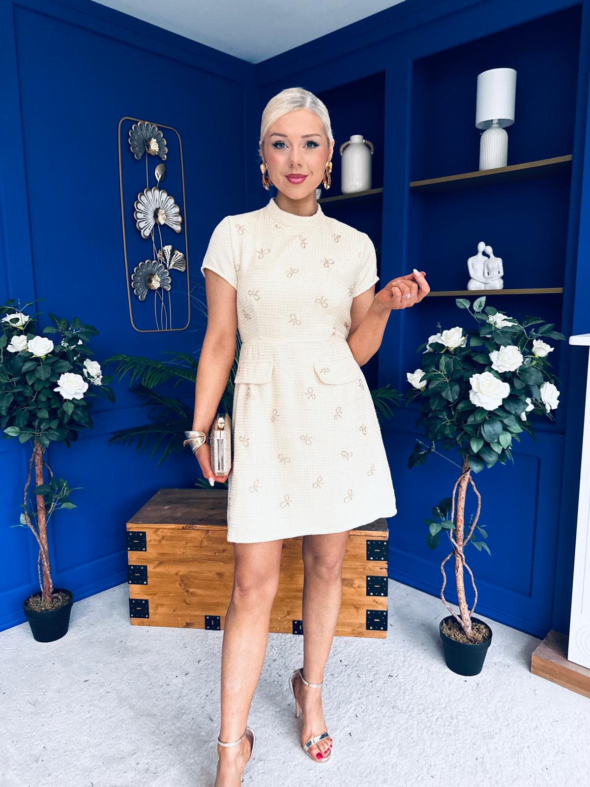 Laureen Gold Bow Embellished Tweed Mini Dress Yellow