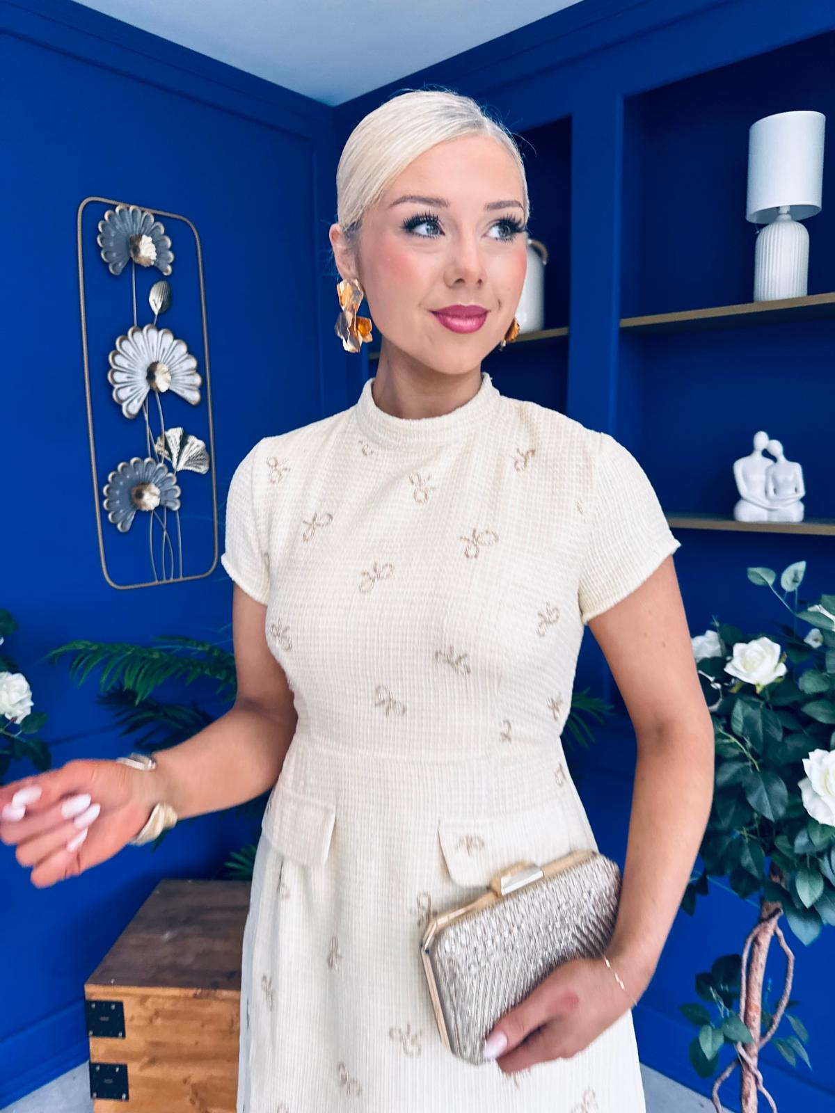 Laureen Gold Bow Embellished Tweed Mini Dress Yellow