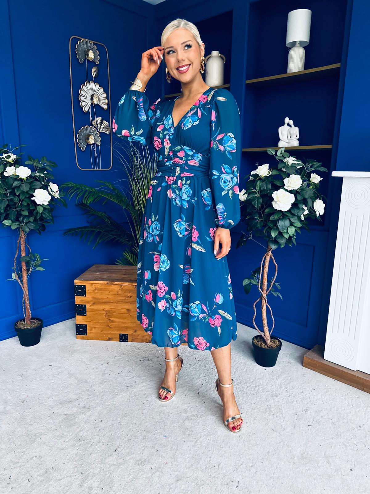 Bronagh Banded Midi Dress Floral Midnight Blue