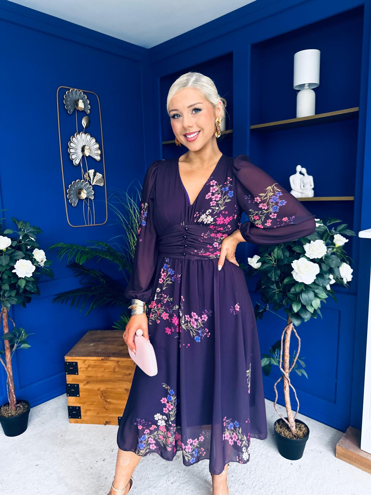 Bronagh Banded Midi Dress Floral Purple