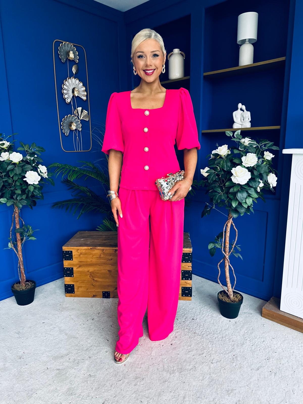 Daniella Detailed Top And Trouser Set Fuchsia