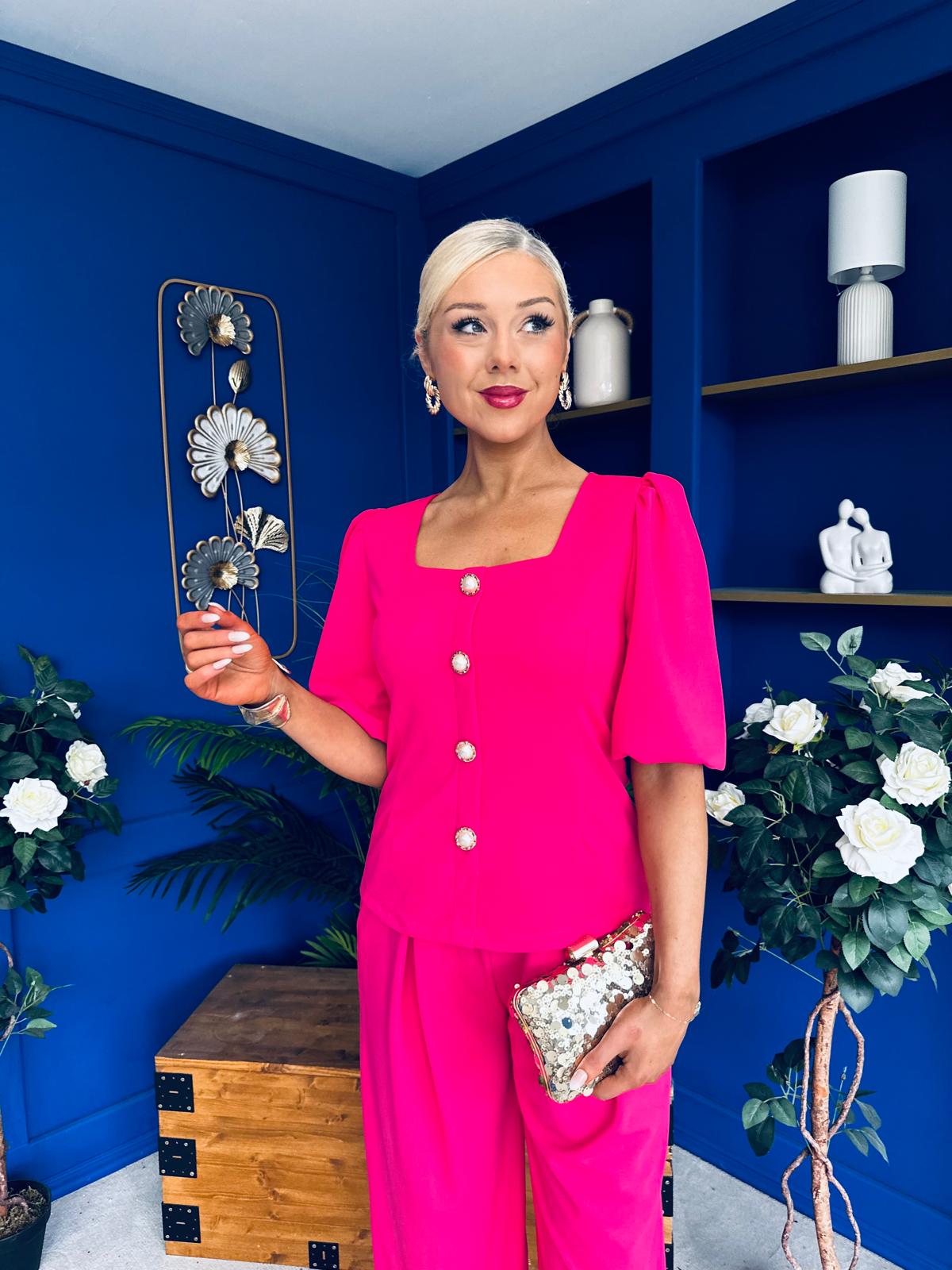 Daniella Detailed Top And Trouser Set Fuchsia