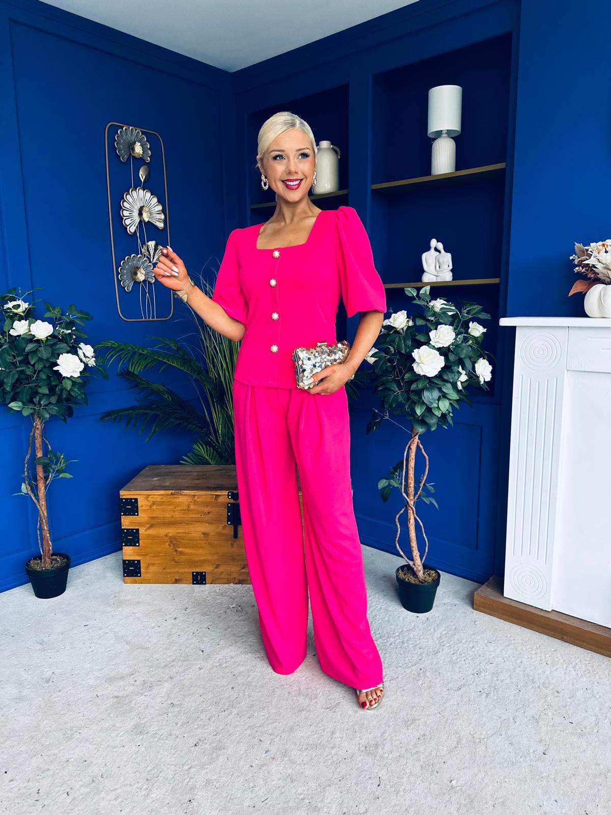 Daniella Detailed Top And Trouser Set Fuchsia