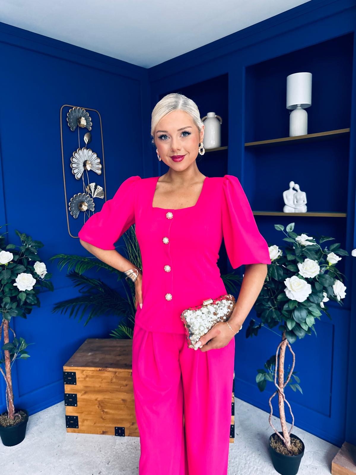 Daniella Detailed Top And Trouser Set Fuchsia