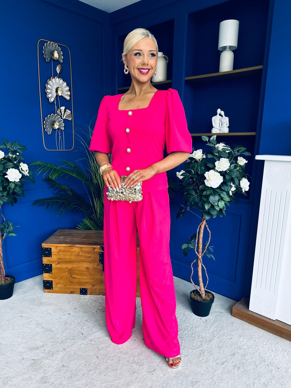 Daniella Detailed Top And Trouser Set Fuchsia