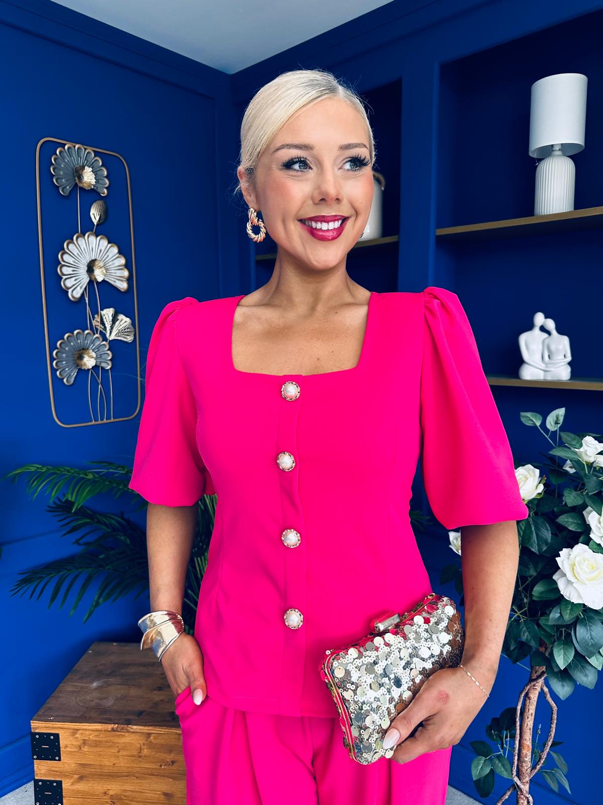 Daniella Detailed Top And Trouser Set Fuchsia