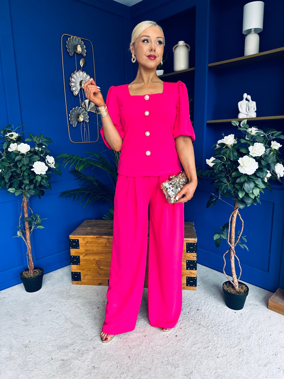 Daniella Detailed Top And Trouser Set Fuchsia