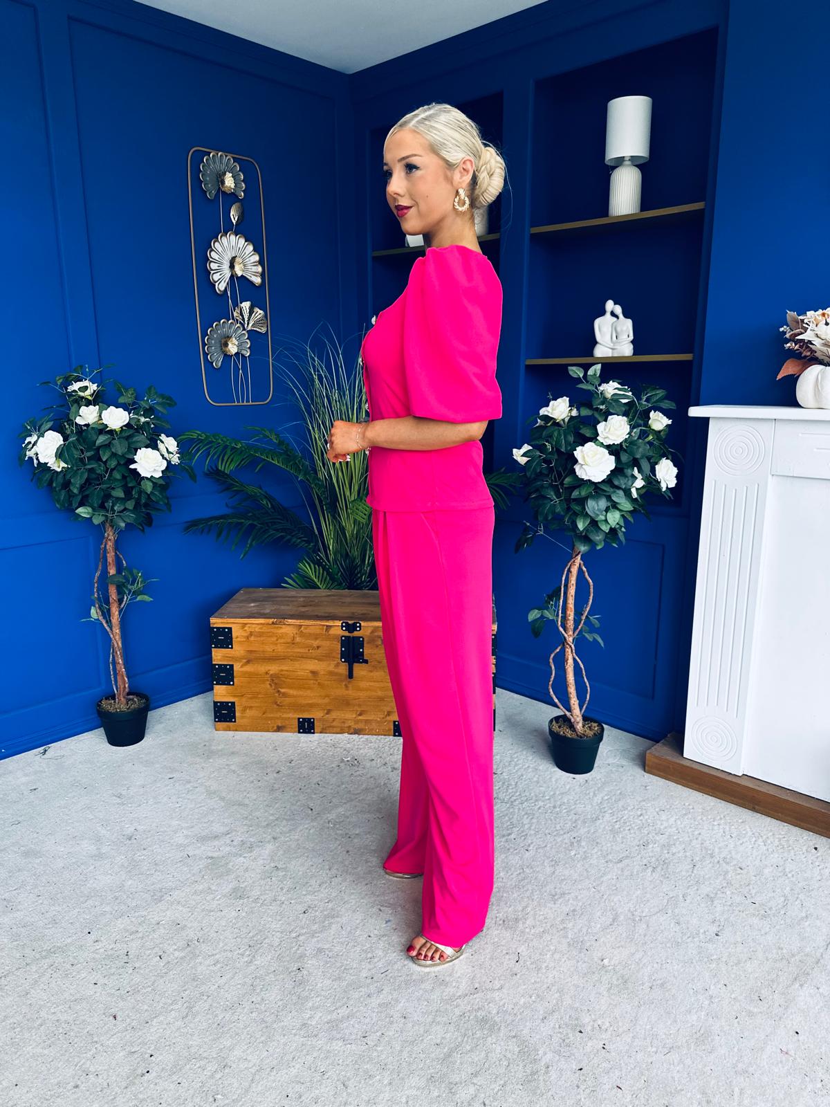 Daniella Detailed Top And Trouser Set Fuchsia