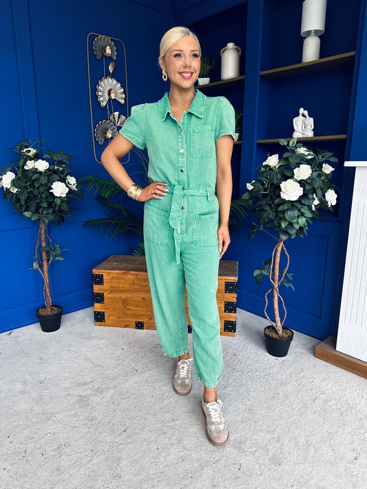 Marissa Short Sleeve Denim Jumpsuit Emerald