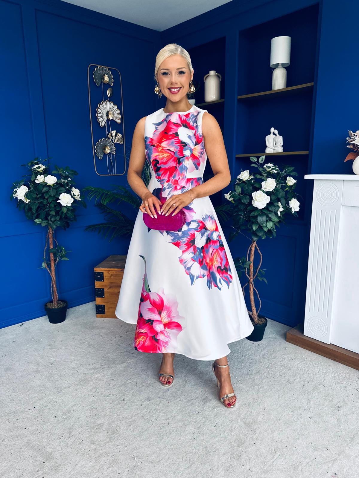 Sabrina Detailed Midi Dress Floral White