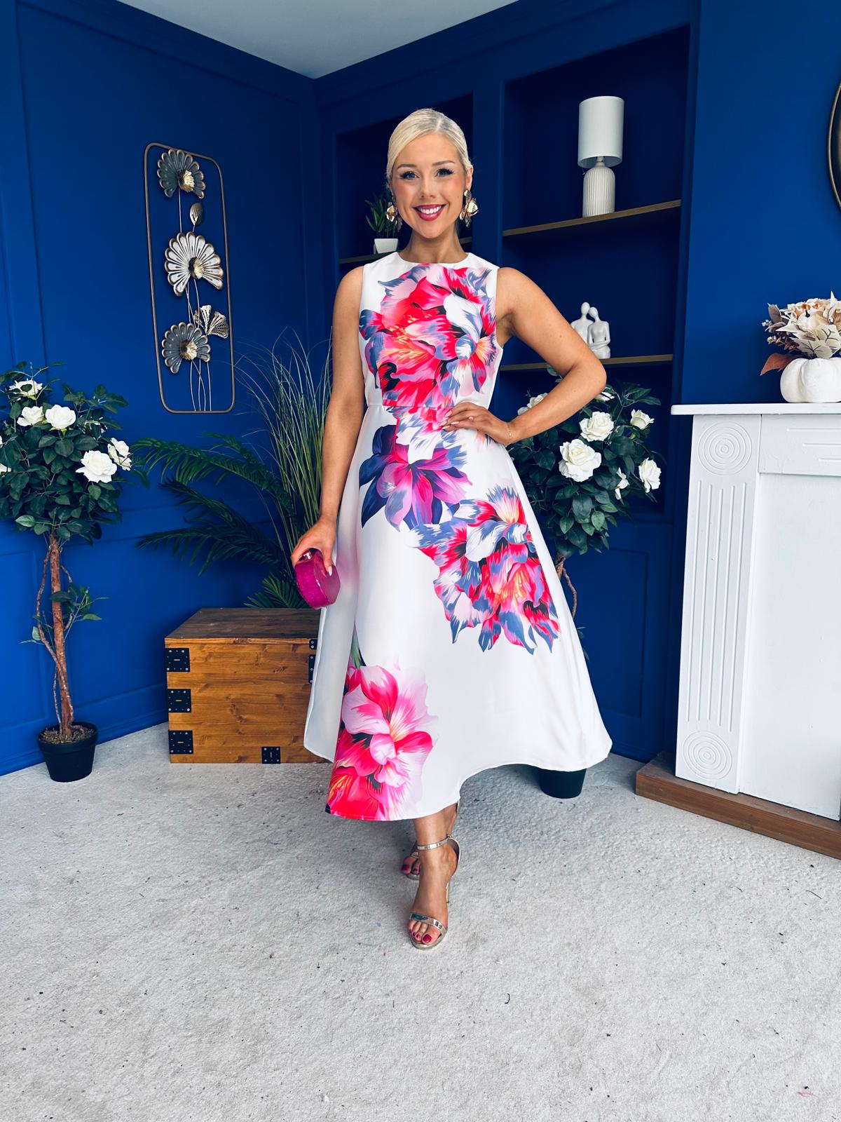 Sabrina Detailed Midi Dress Floral White