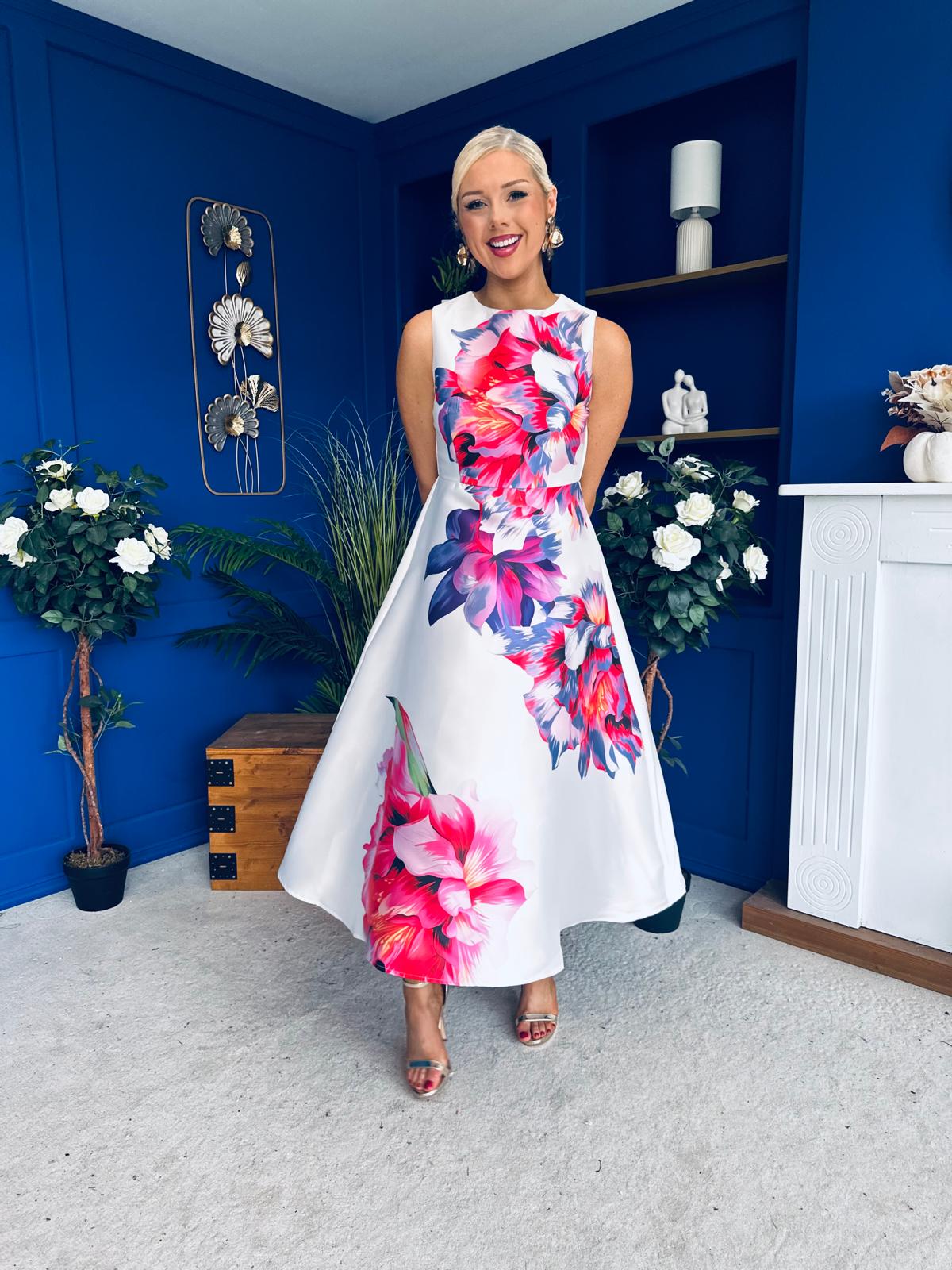 Sabrina Detailed Midi Dress Floral White