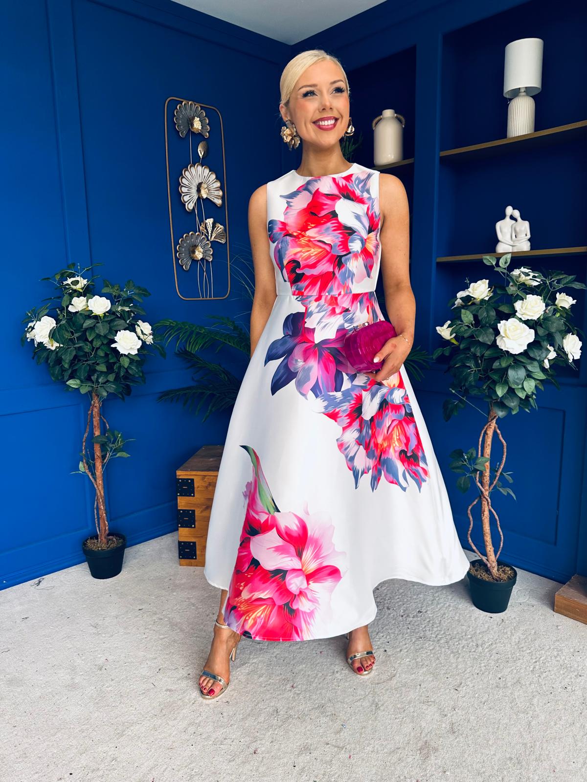 Sabrina Detailed Midi Dress Floral White