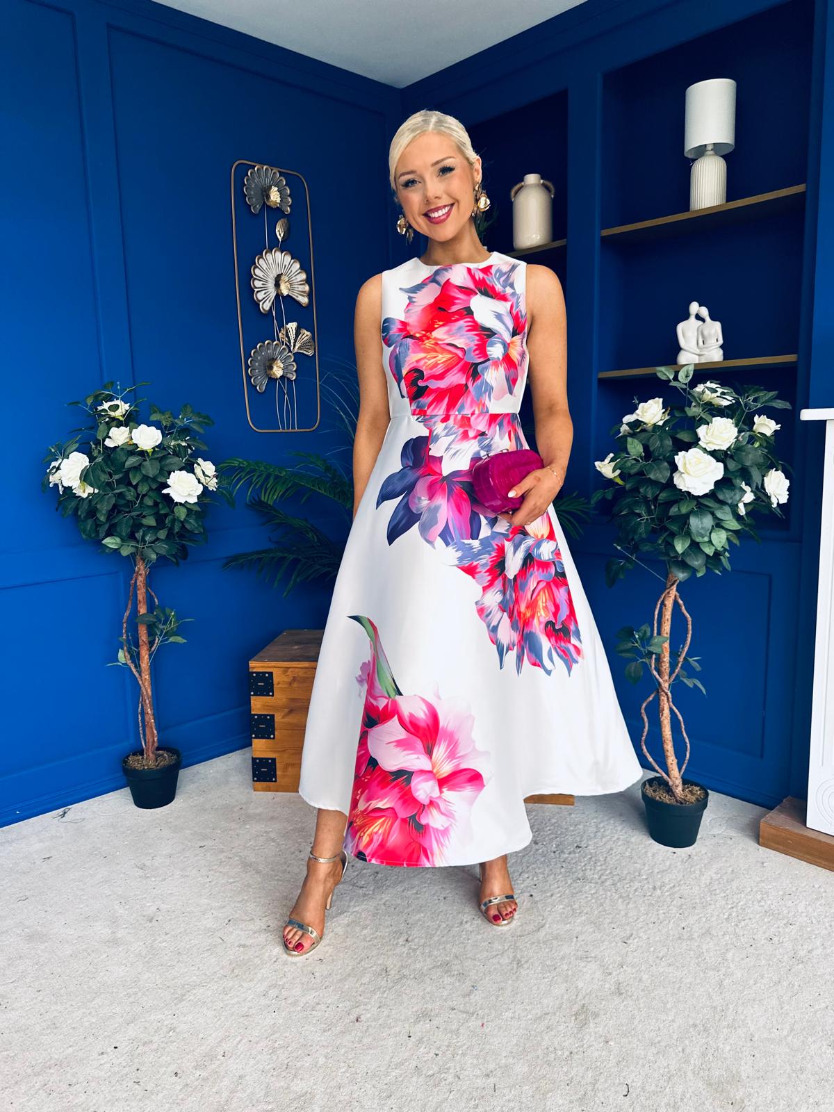 Sabrina Detailed Midi Dress Floral White