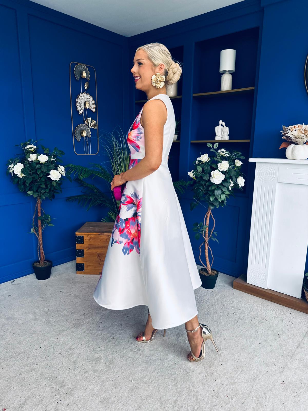 Sabrina Detailed Midi Dress Floral White