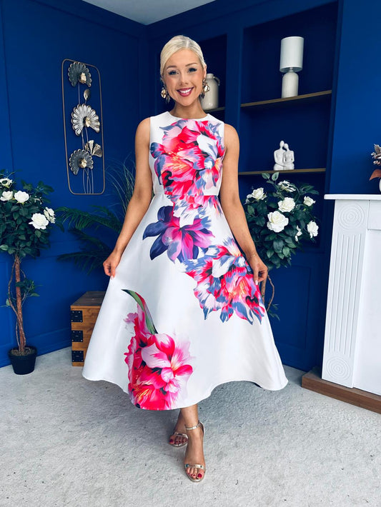 Sabrina Detailed Midi Dress Floral White