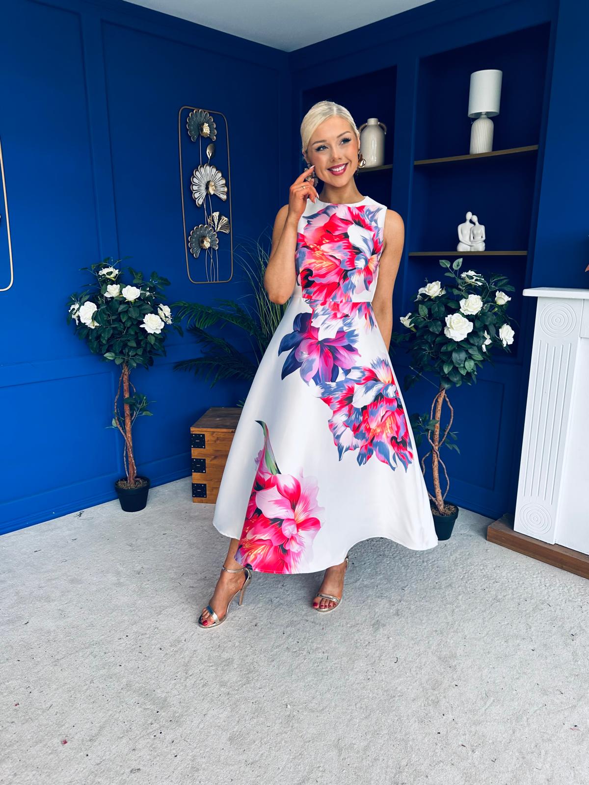 Sabrina Detailed Midi Dress Floral White