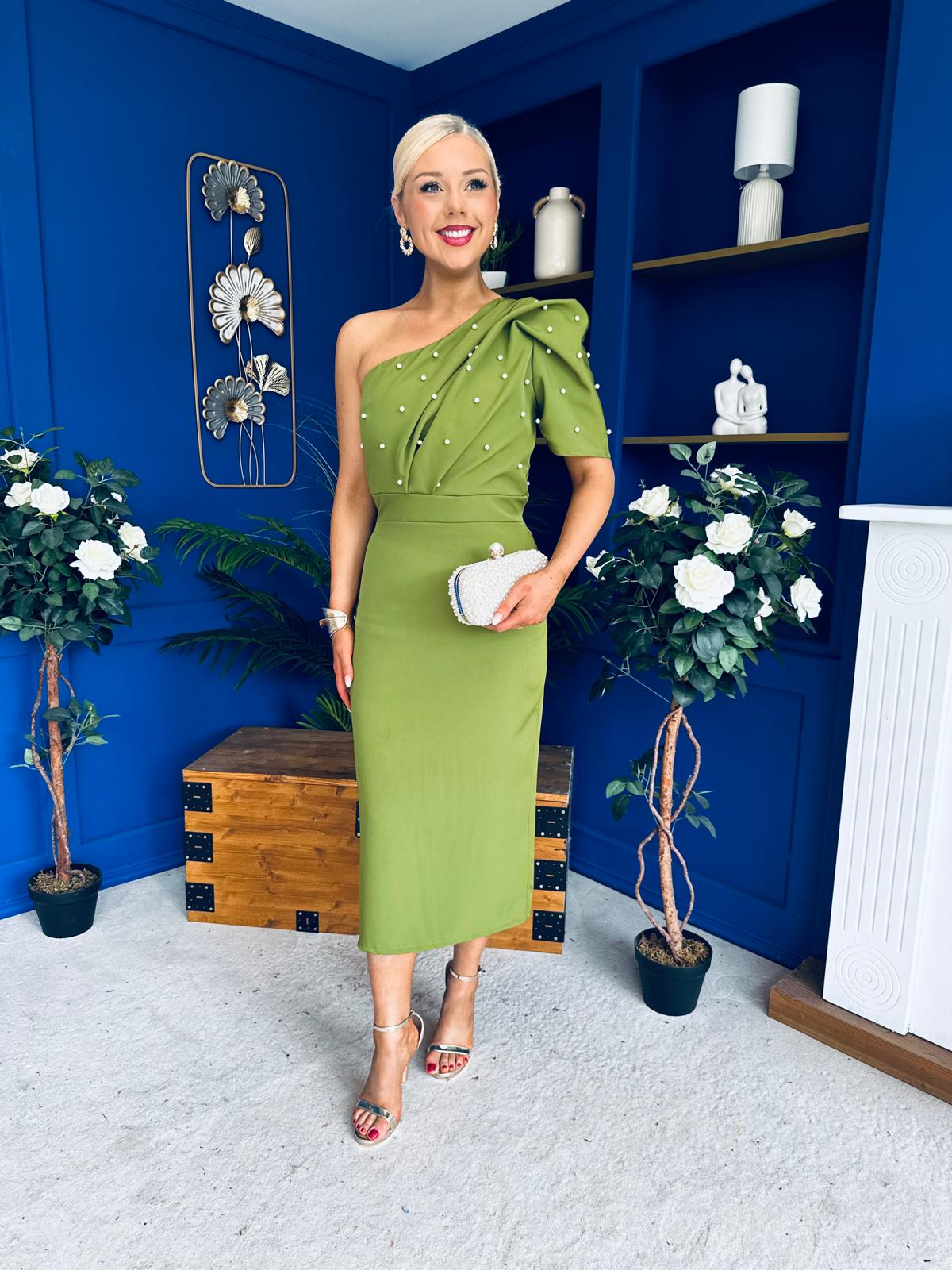 April Pearl Detail Occasion Midi Dress Olive