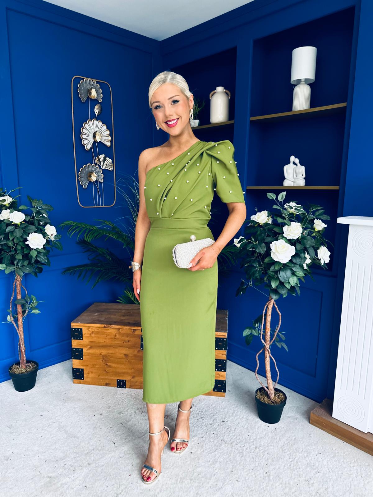 April Pearl Detail Occasion Midi Dress Olive