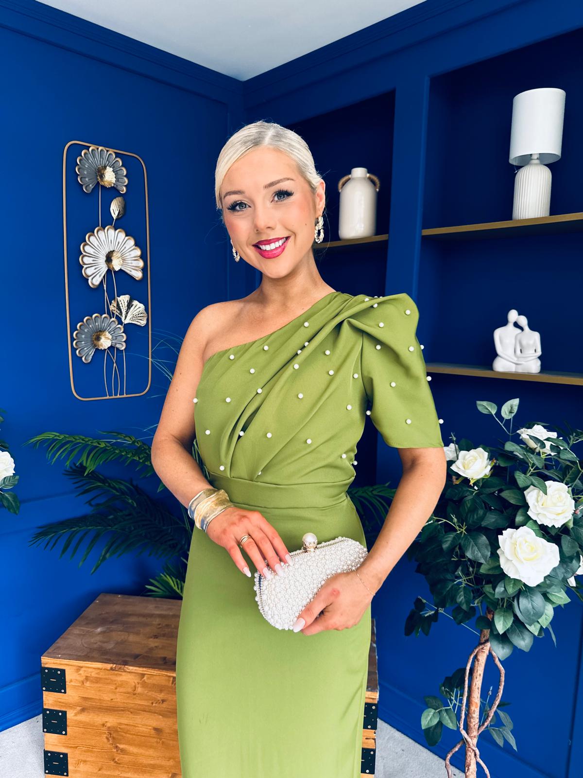 April Pearl Detail Occasion Midi Dress Olive