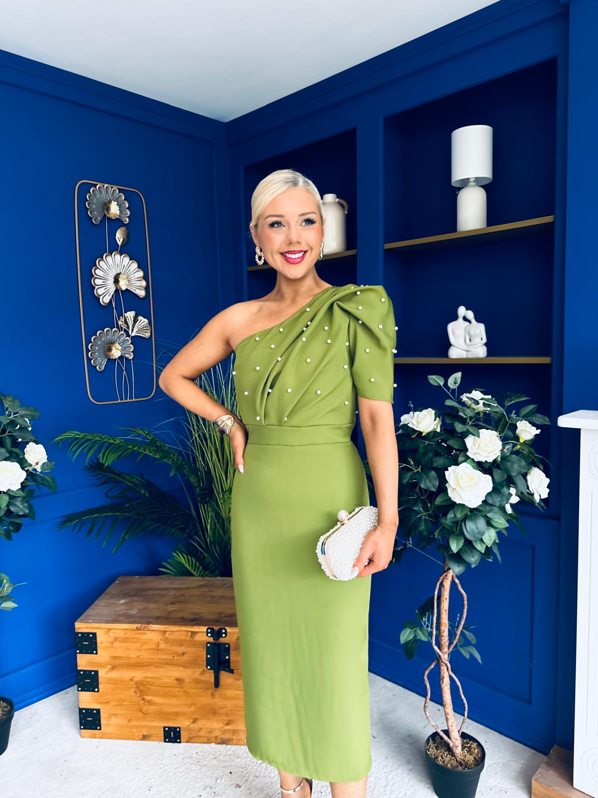 April Pearl Detail Occasion Midi Dress Olive