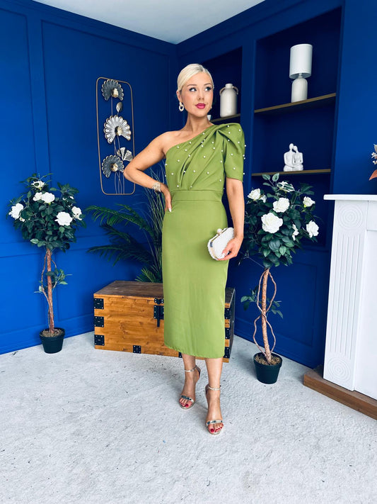 April Pearl Detail Occasion Midi Dress Olive