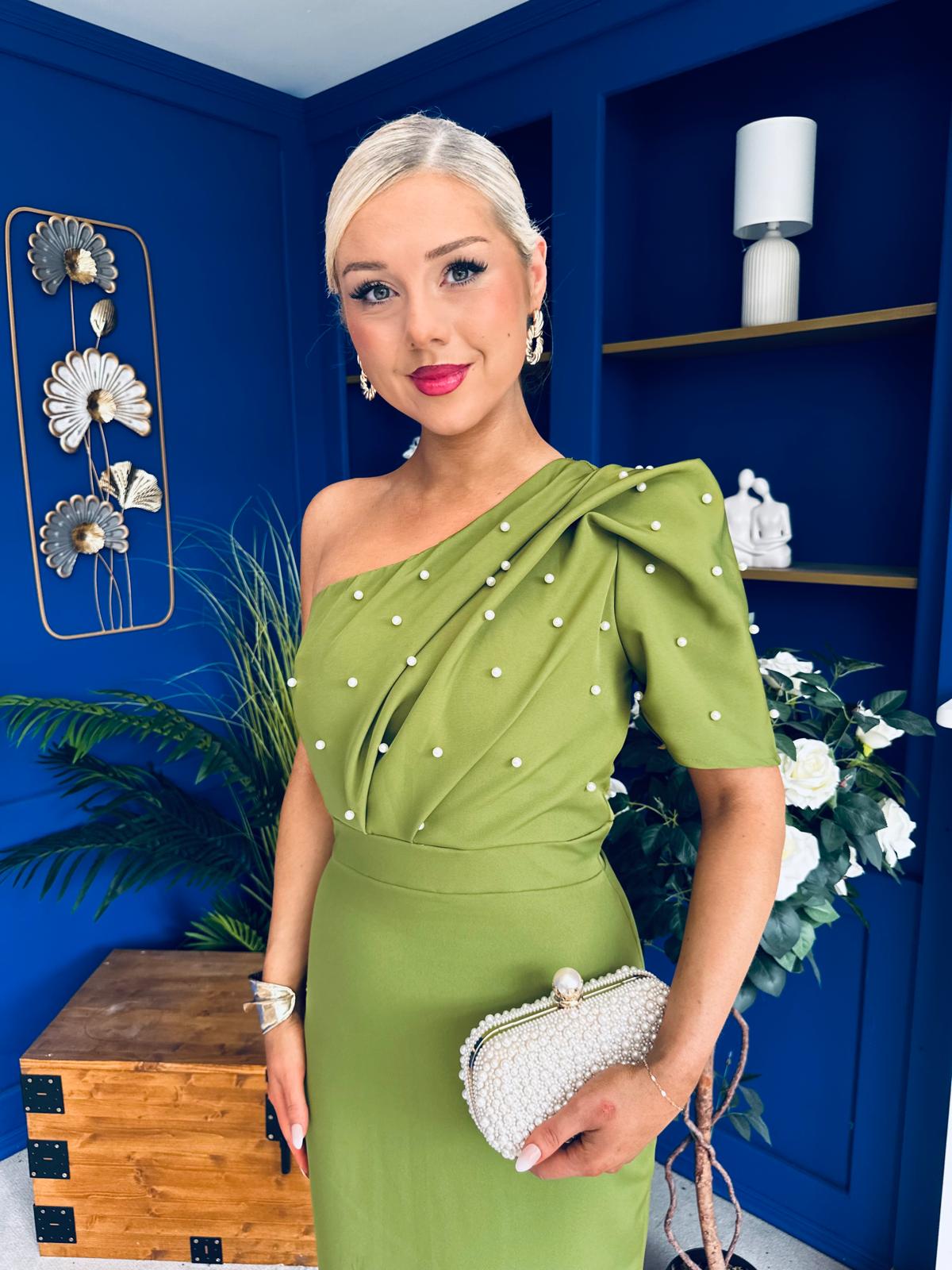 April Pearl Detail Occasion Midi Dress Olive