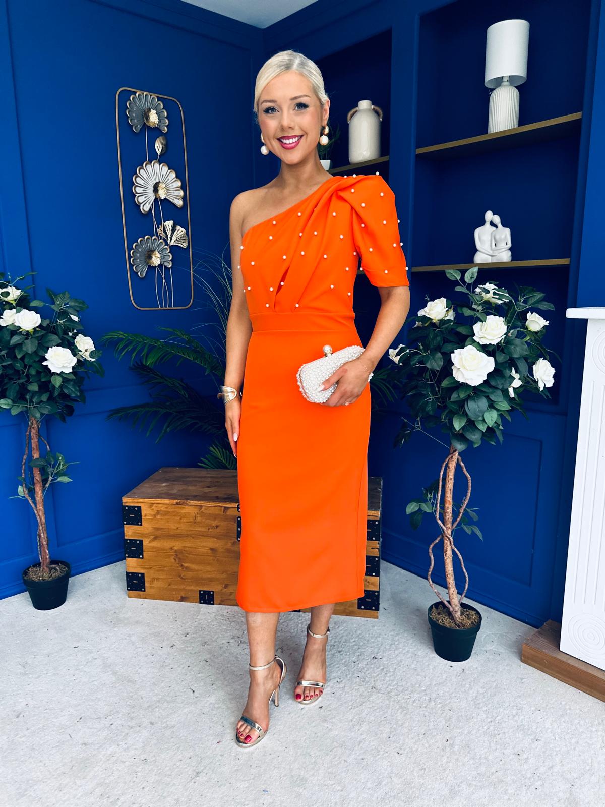 April Pearl Detail Occasion Midi Dress Coral